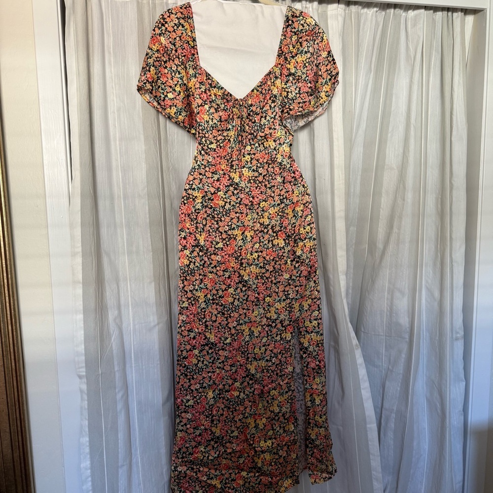 Topshop Satin Floral Sweetheart Midi Dress Black Multi US 10 - Picture 2 of 11